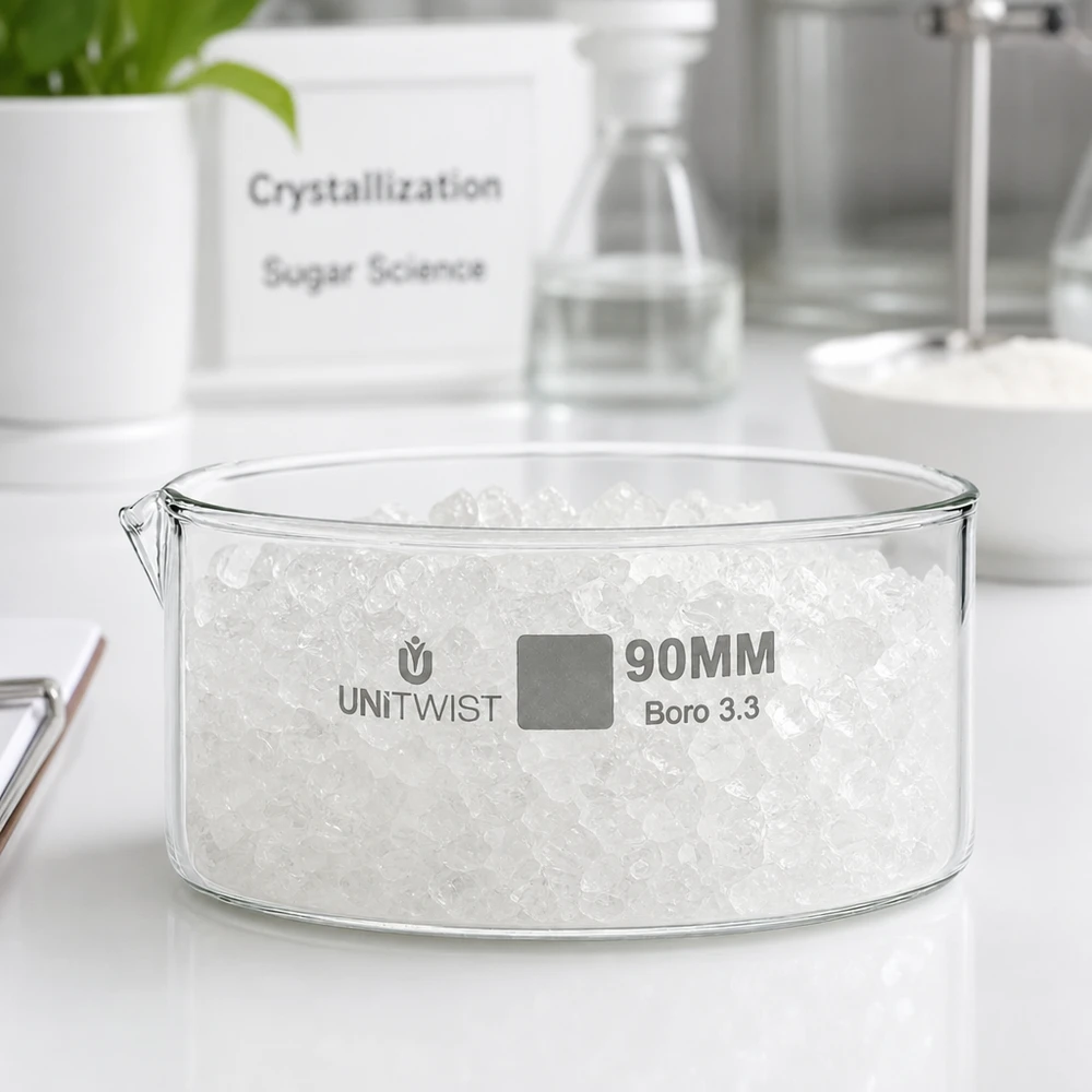 Piatto per cristallizzazione ø90 mm in vetro borosilicato UNiTWIST Vaschetta di cristallizzazione da 90 mm UNiTWIST con cristalli di zucchero bianchi, vetro borosilicato, uso di laboratorio