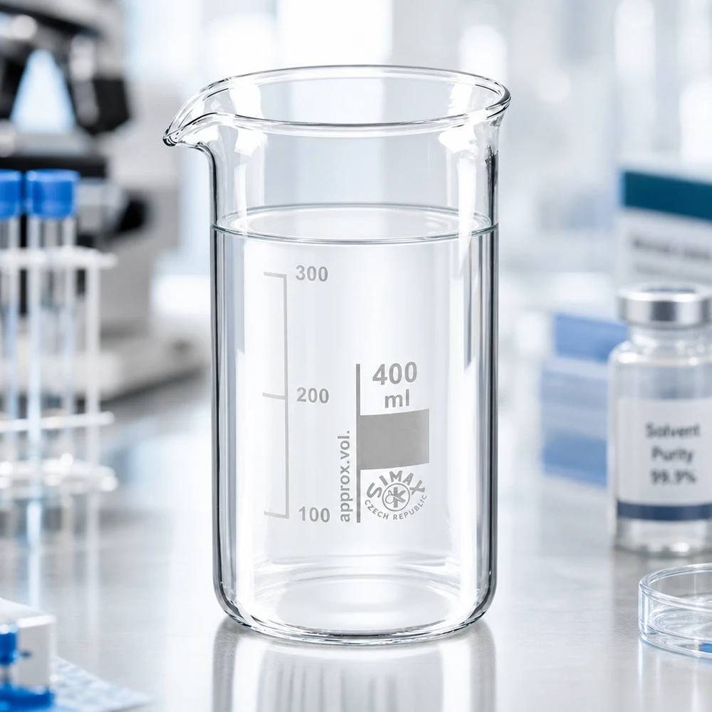 Bicchiere da 400 ml in vetro borosilicato, forma alta Bicchiere di vetro trasparente da 400 ml, forma alta, con scala graduata in millilitri impressa, su tavolo da laboratorio