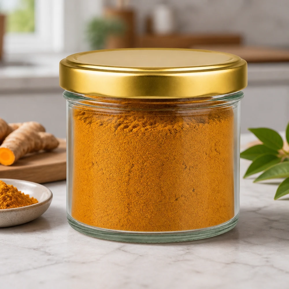 Barattolo cilindrico da 230 ml con coperchio dorato BasicSeal riempito di curcuma in polvere Barattolo per spezie Ambiente cucina
