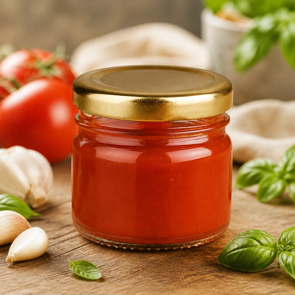 Vaso rotondo in vetro BasicSeal da 33 ml, color oro, chiuso ermeticamente, con salsa di pomodoro e ingredienti mediterranei