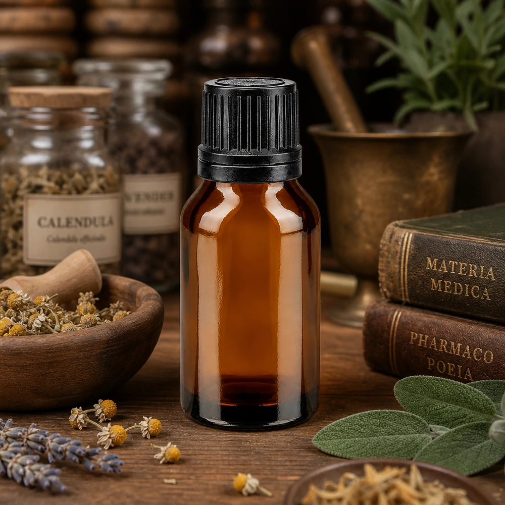 Erbe medicinali e flacone da farmacia marrone da 15 ml con tappo contagocce nero, davanti a vecchi libri di farmacopea