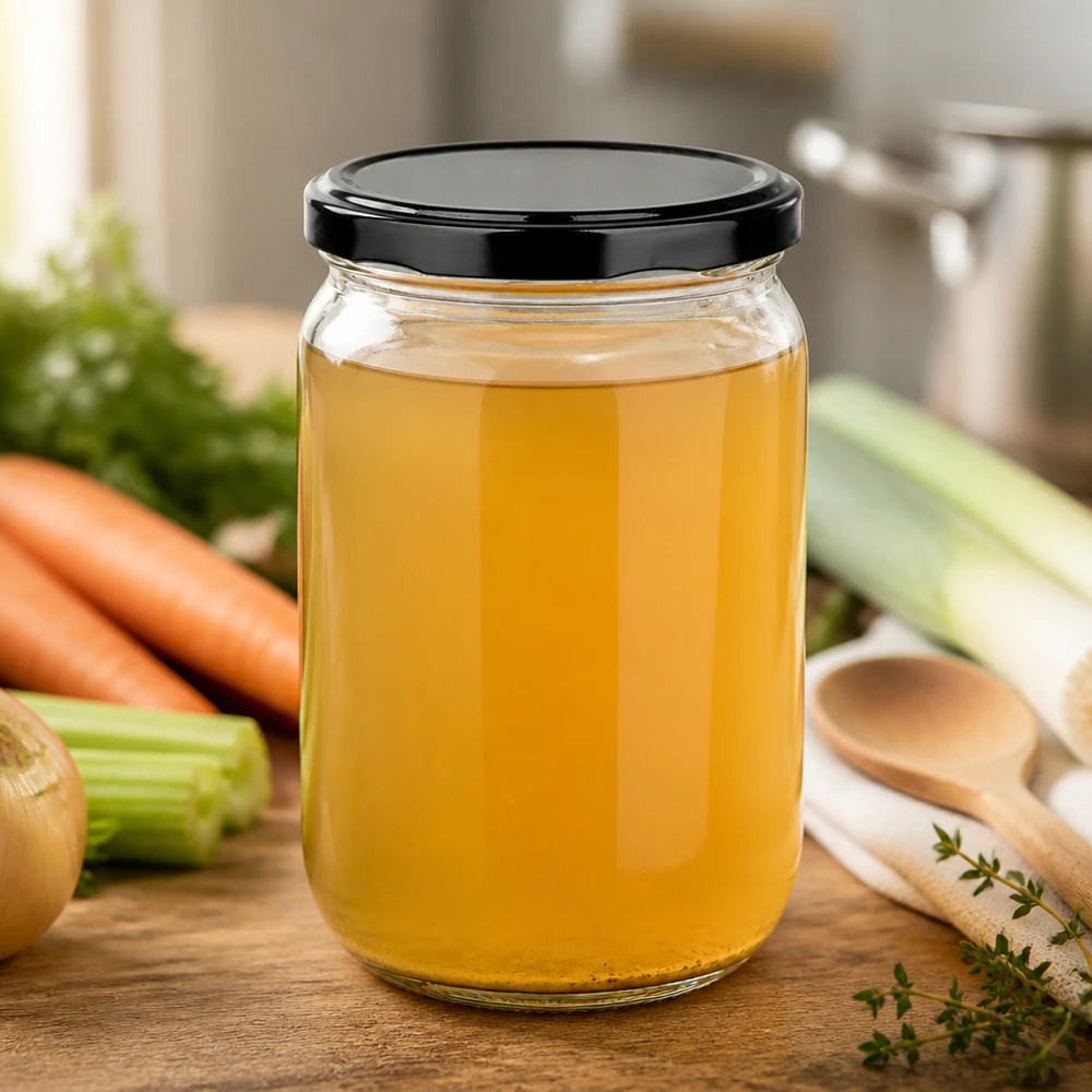 Vaso di vetro rotondo da 555 ml con coperchio BasicSeal nero, chiusura ermetica, per brodo fatto in casa
