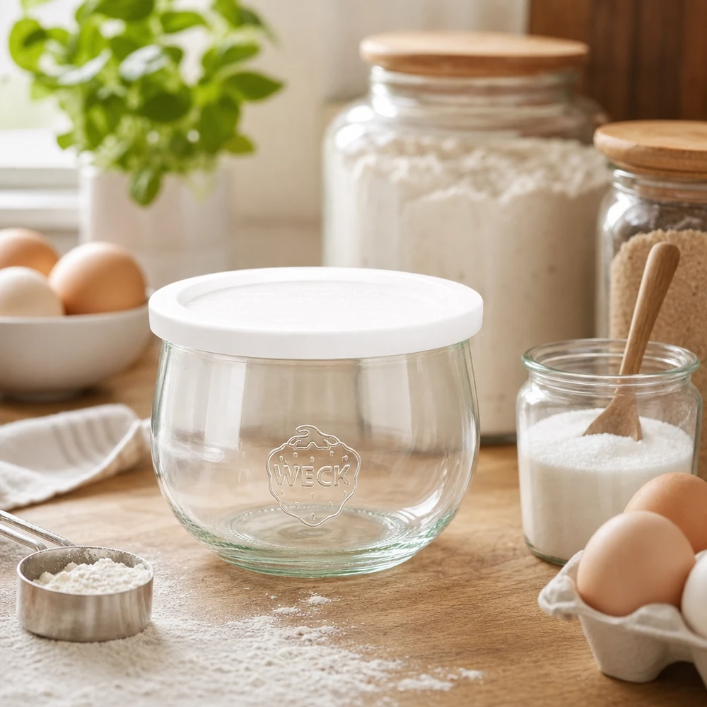 WECK barattolo a tulipano 580ml RR100 vuoto con coperchio per la freschezza nella cucina da forno circondato da farina, uova e ingredienti da forno