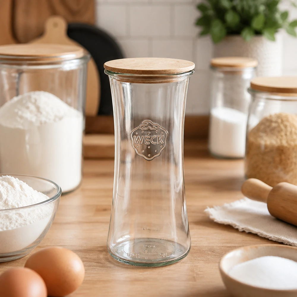 Barattolo da 700 ml WECK RR80 con coperchio di legno WECK barattolo da gastronomia 700ml RR80 vuoto con coperchio in bambù in cucina circondato da ingredienti da forno farina uova barattoli di stoccaggio