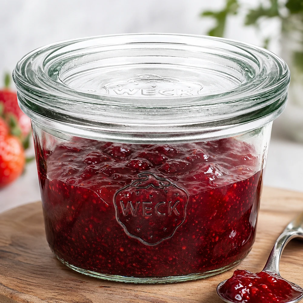 Il barattolo WECK RR60 da 80 ml riempito di marmellata di fragole rosse mostra l'uso pratico per la conservazione della marmellata