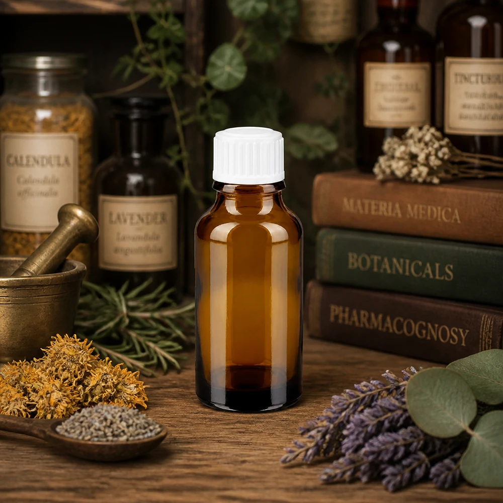 Flacone contagocce da 20 ml in vetro ambrato con tappo bianco STD, resistente alla luce, per la medicina naturale
