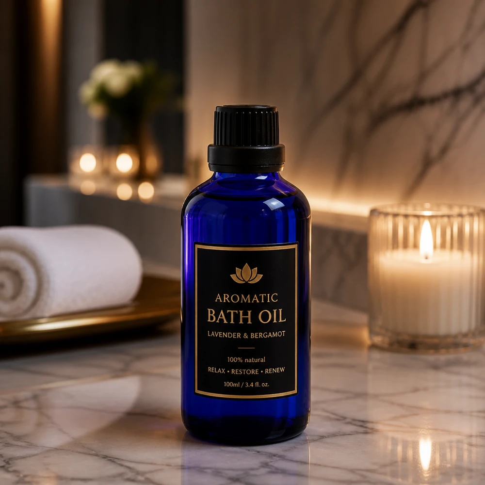 Flacone contagocce blu da 50 ml OV nero/2mm ApoGlas Flacone di vetro da farmacia blu da 50 ml con tappo OV nero su una superficie di marmo, accanto a una candela profumata accesa