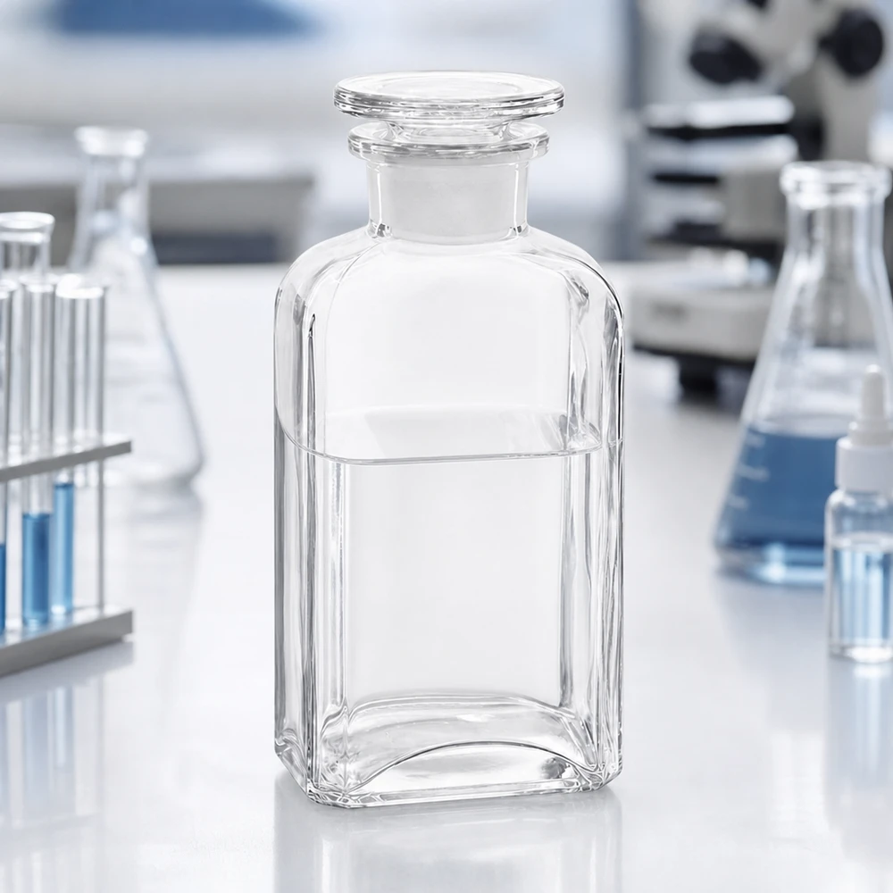 Bottiglia quadrata da 250 ml in vetro trasparente con collo largo e tappo di vetro su un tavolo da laboratorio con microscopio