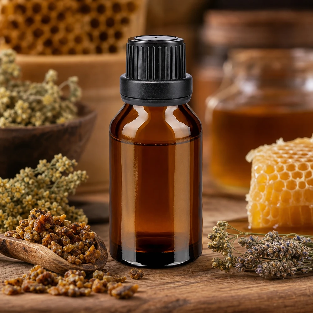 Flacone da farmacia in vetro ambrato da 15 ml con propoli, favi e erbe medicinali per prodotti naturali