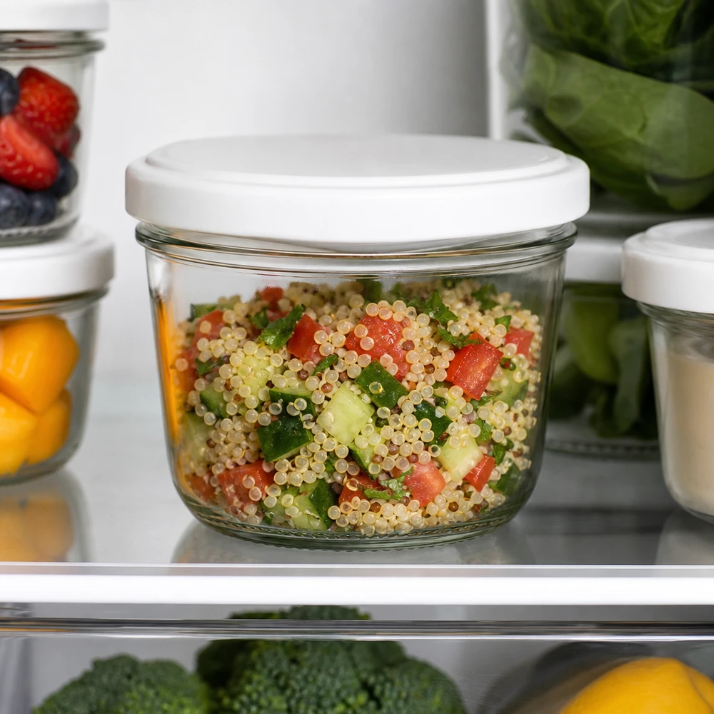 Bicchieri da 230 ml con coperchio BasicSeal bianco UNiTWIST Bicchieri da 230 ml con insalata di quinoa in frigorifero: una pratica conservazione per pasti salutari