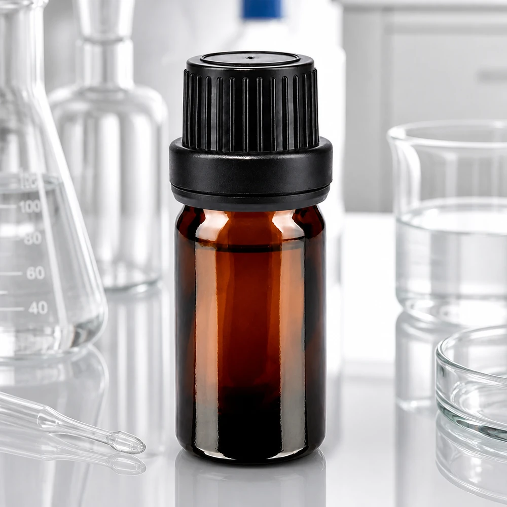 Fiala di vetro marrone da 5 ml con tappo contagocce nero da 11 mm in ambito di laboratorio