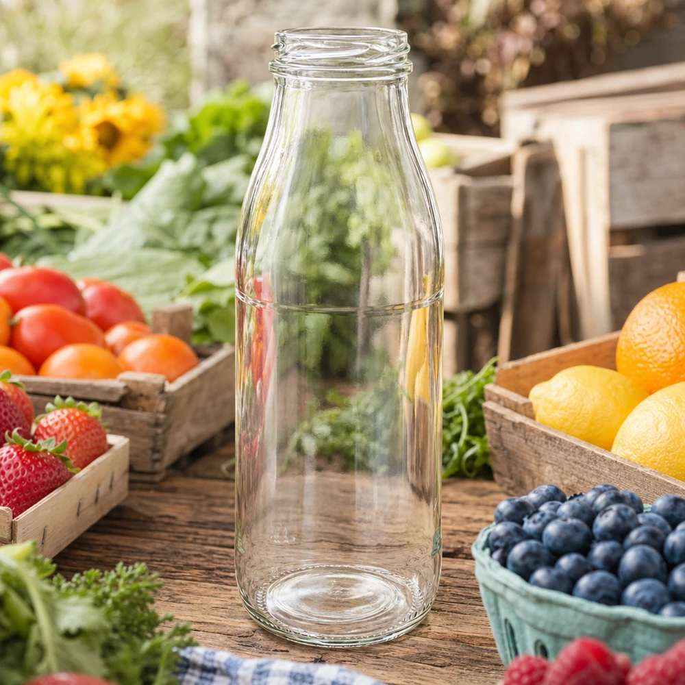 Bottiglia di vetro da 500 ml senza coperchio (TO48) UNiTWIST Bottiglia di vetro da 500 ml TO48 UNiTWIST vuota su un tavolo di legno rustico circondato da frutta e verdura fresca in cassette di legno.