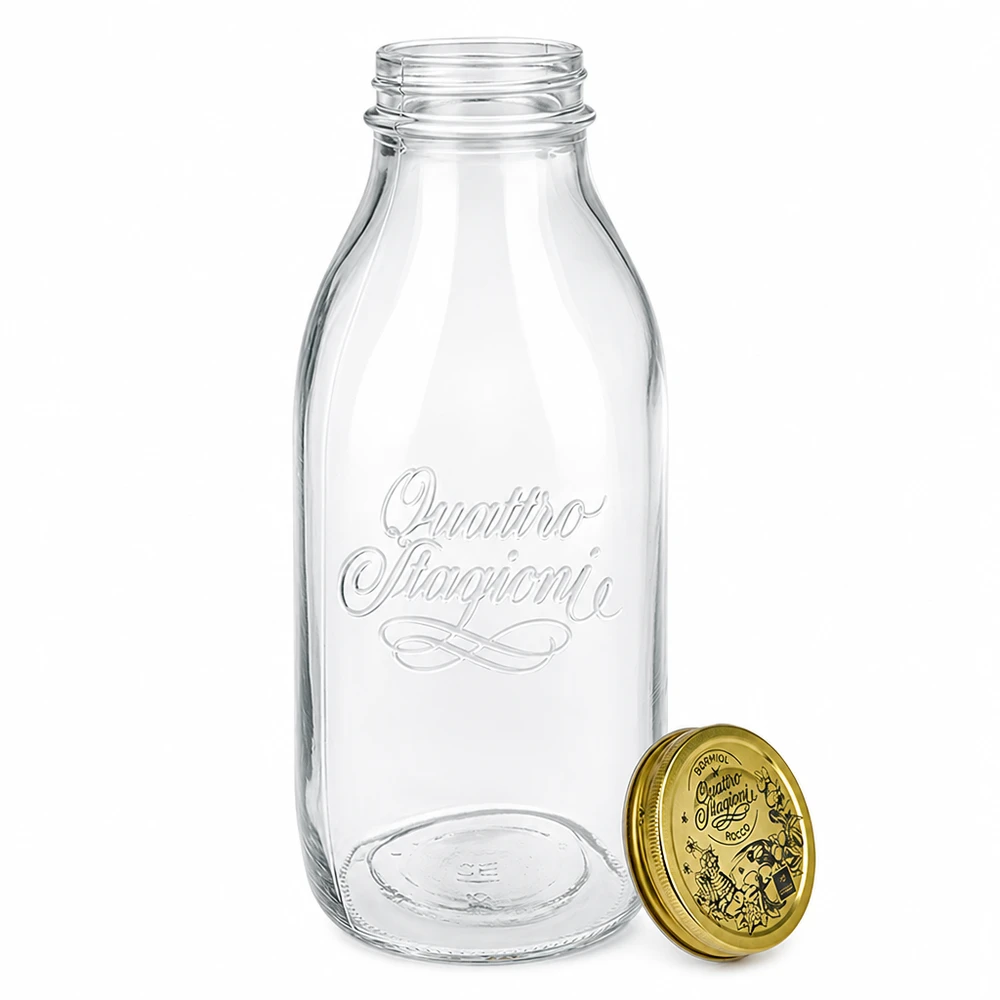 Bottiglia in vetro Quattro Stagioni 1000ml con coperchio dorato rimovibile, scritte in rilievo, design classico della bottiglia del latte