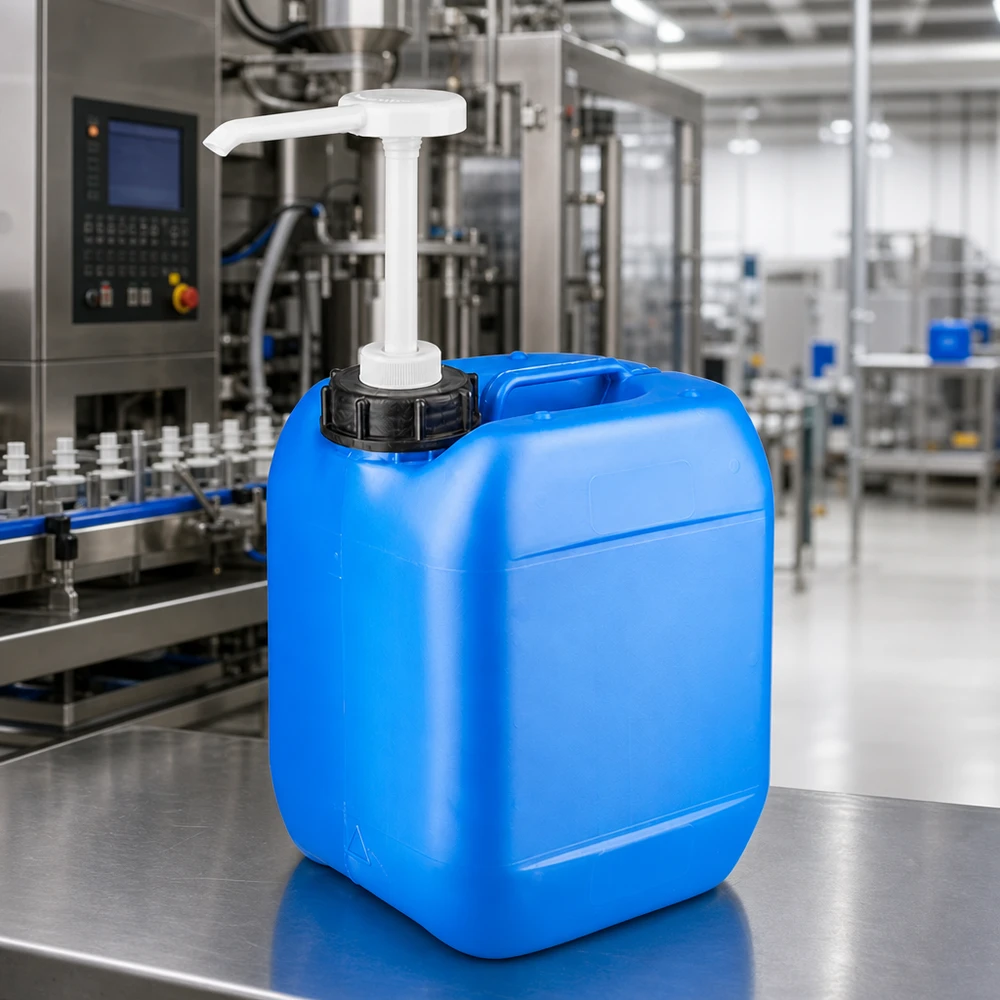Tanica 5 litri blu con pompa dosatrice Tanica blu da 5 litri con pompa dosatrice su un tavolo in acciaio inossidabile in un impianto di riempimento industriale