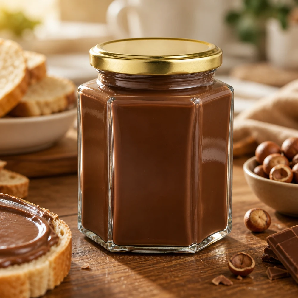 191 ml Hexaglas + coperchio BasicSeal dorato UNiTWIST® Hexaglas UNiTWIST da 191 ml con coperchio BasicSeal dorato, riempito di crema di nocciole e torrone, su un tavolo di legno