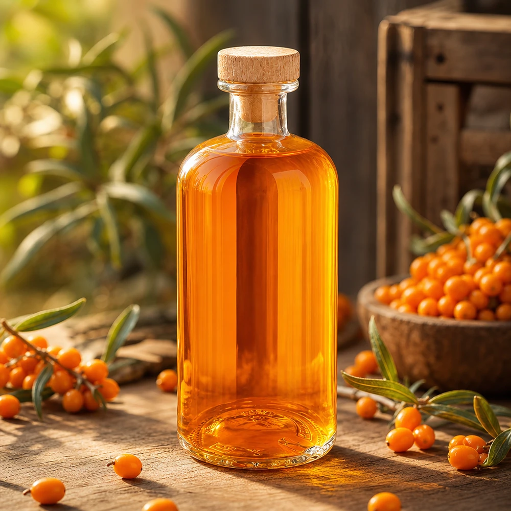 Bottiglia da 500 ml in vetro Flora con tappo in legno olio di olivello spinoso arancione tra bacche di olivello spinoso su tavolo di legno prodotto naturale