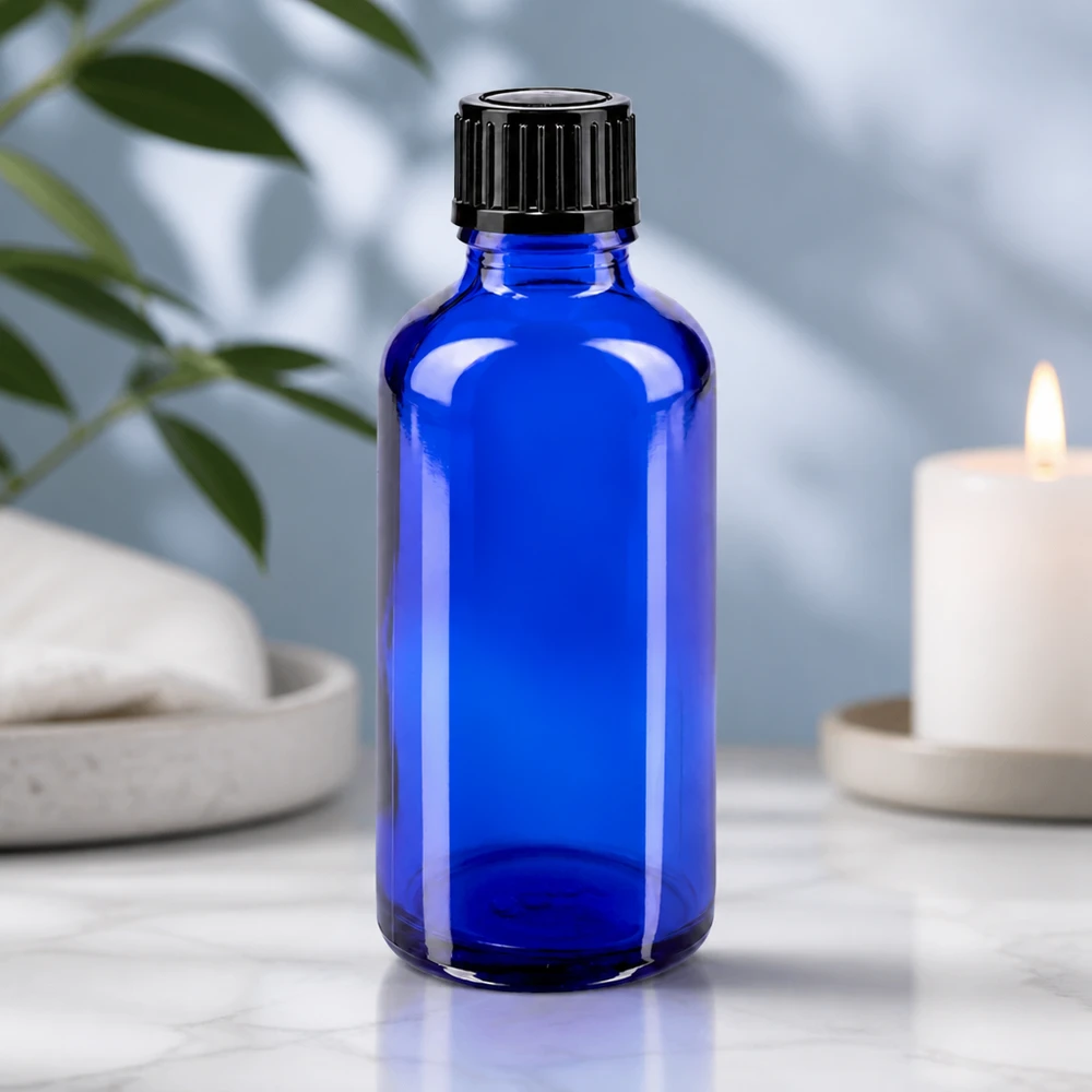Flacone contagocce da 50 ml in vetro da farmacia blu cobalto con tappo a vite nero a prova di bambino