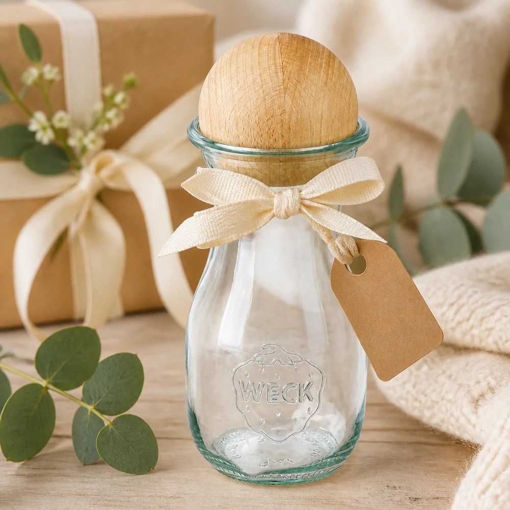 Bottiglia di succo WECK da 290 ml RR60 confezionata con fiocco ed etichetta accanto a una decorazione di eucalipto