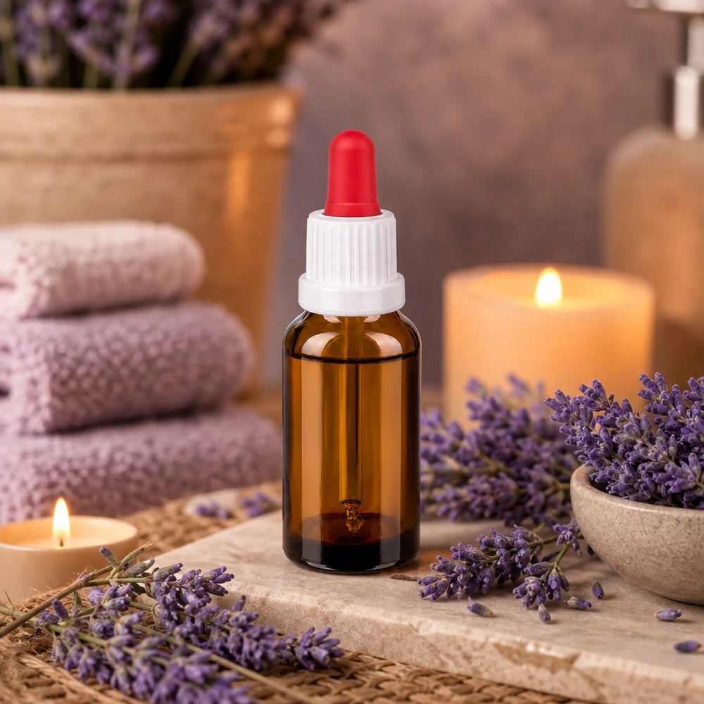 Bottiglia per pipette da 20 ml bianco/rosso OV BrownLine UT18/20 Bottiglia professionale in vetro ambrato da 20 ml con filettatura bianca e pipetta rossa per applicazioni di laboratorio