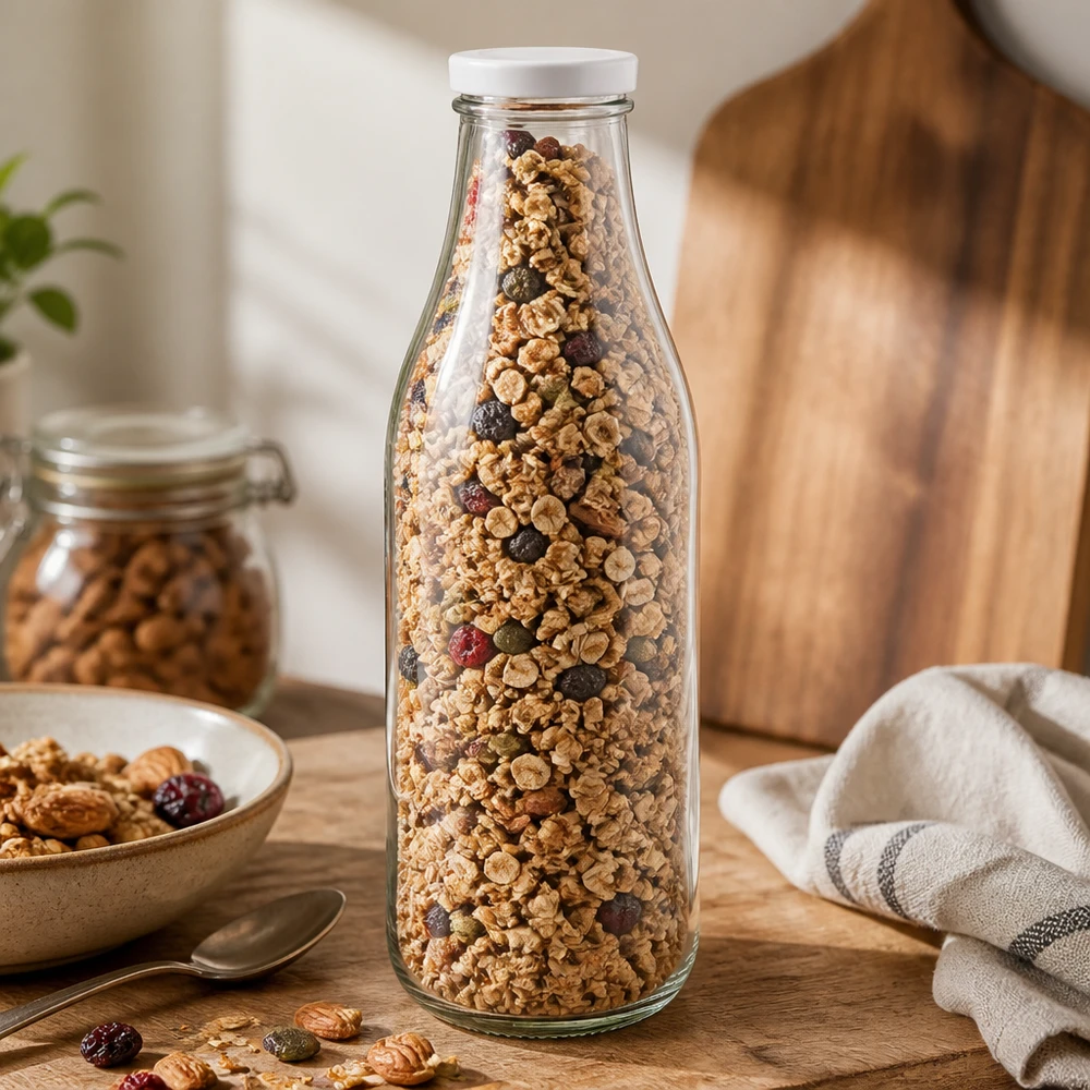 Bottiglia in vetro da 1000 ml con coperchio BasicSeal bianco riempita con muesli granola noci frutta secca conservazione