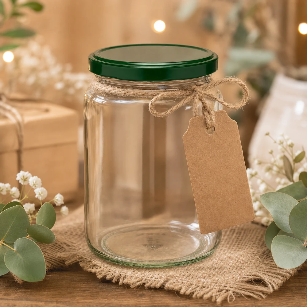 Barattolo rotondo da 795 ml + coperchio BasicSeal verde UNiTWIST Barattolo rotondo UNiTWIST da 795 ml con coperchio verde, etichetta in carta kraft e cordoncino di iuta - confezione regalo rustica