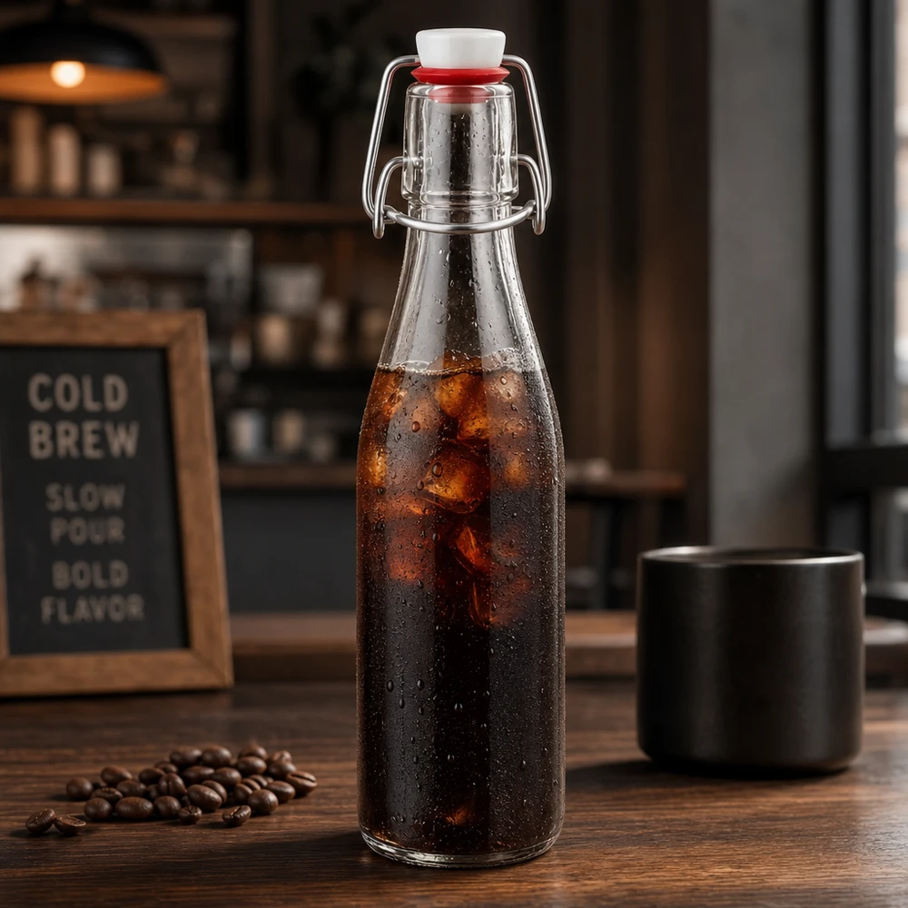 Bottiglia in vetro da 250 ml + tappo oscillante in porcellana UNiTWIST - Acquista qui! 250ml Glasflasche mit Bügelverschluss für Cold Brew Kaffee, edle Vintage-Optik mit Kaffeebohnen und schwarzer Tasse