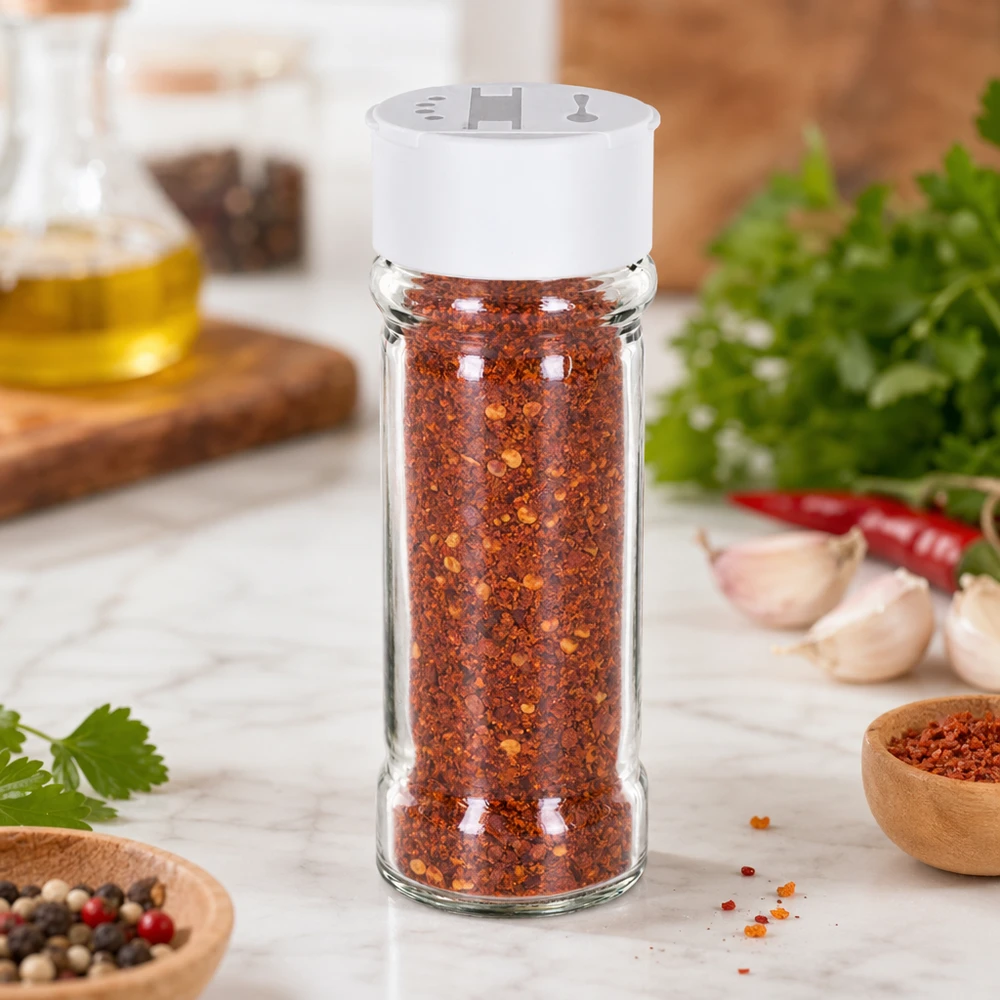 Barattolo per sale/spezie da 100 ml con doppio dosatore, bianco Barattolo per spezie da 100 ml riempito con fiocchi di peperoncino, con coperchio bianco a doppia spargitrice su base in marmo
