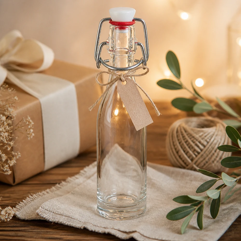 Bottiglia in vetro da 50 ml + tappo girevole in PVC UNiTWIST Bottiglia decorativa in vetro da 50 ml con tappo a battente e nastro marrone in una scena d'ambiente naturale