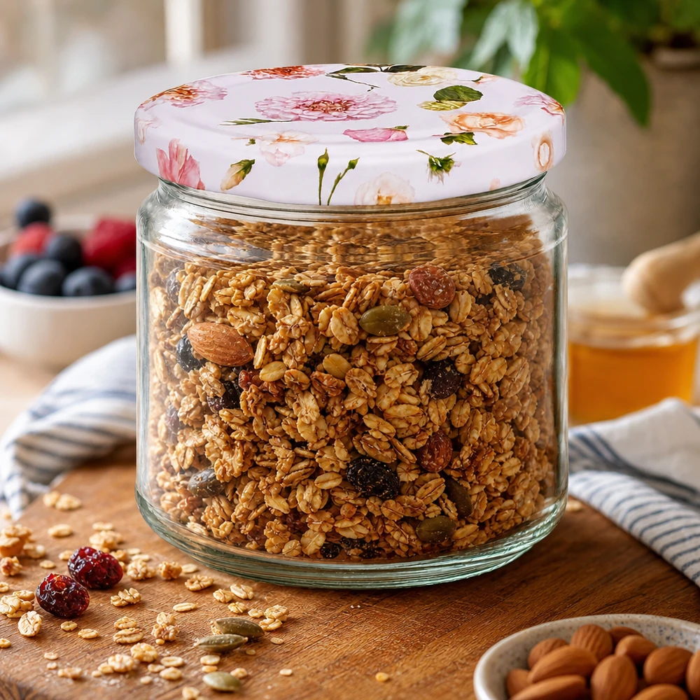 330ml barattolo rotondo rosa motivo floreale pieno di muesli granola noci uva sultanina colazione barattolo di stoccaggio cucina