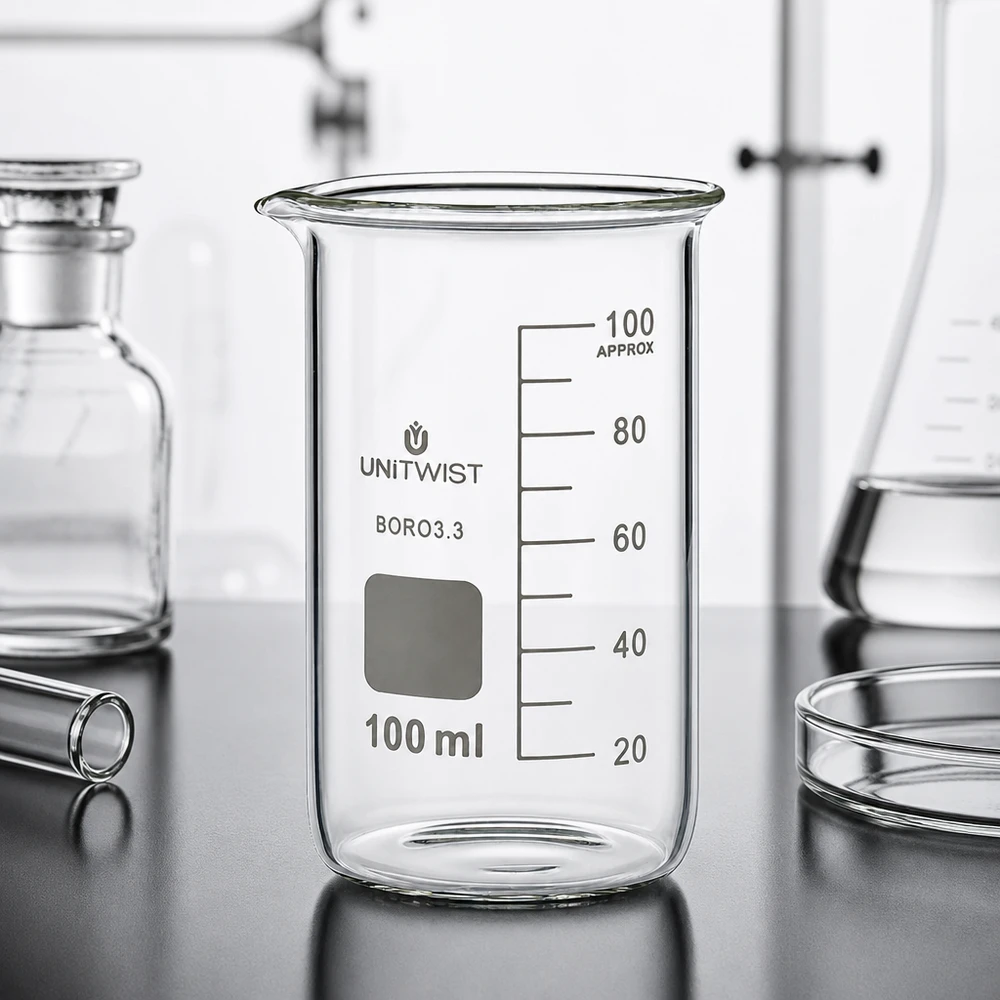 Vaso di vetro UNITWIST da 100 ml, forma alta, borosilicato 3.3, vuoto, su un banco da laboratorio con strumenti da laboratorio