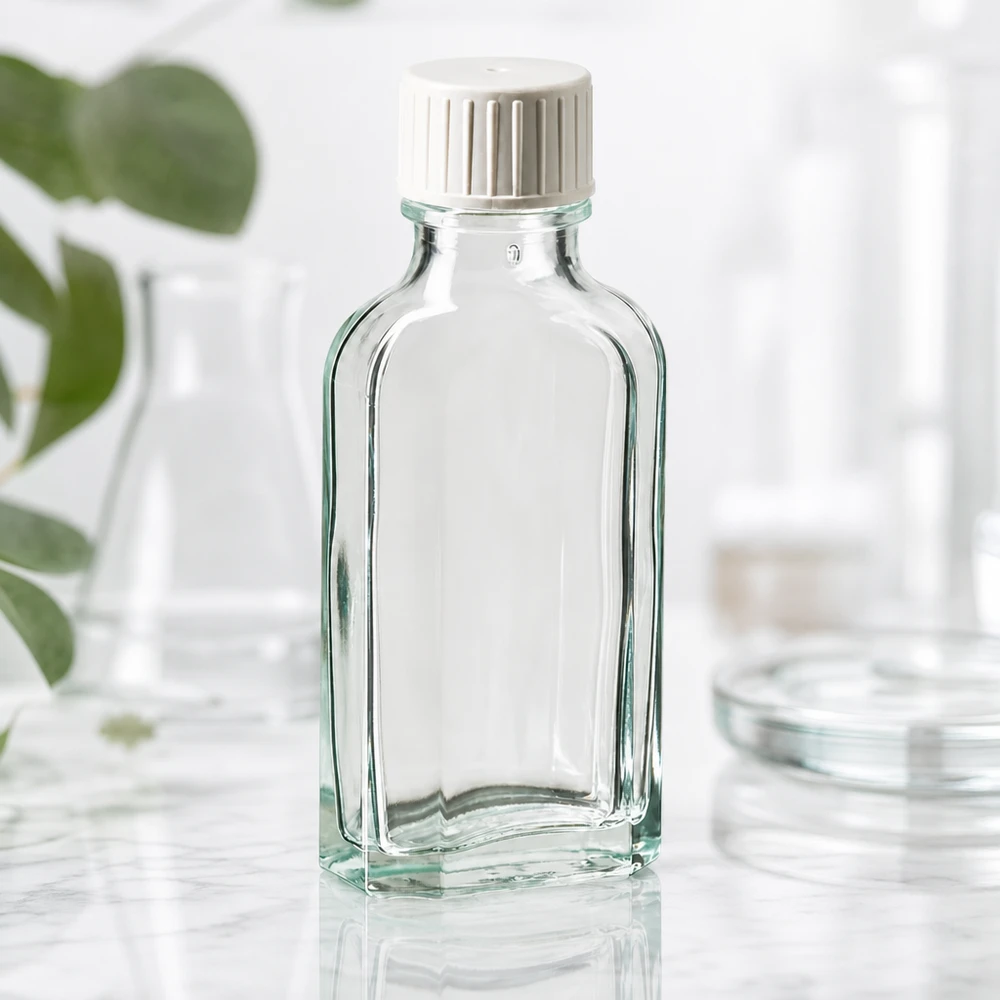 Flacone Meplat da 50 ml in vetro trasparente con tappo a vite bianco e anello versatore