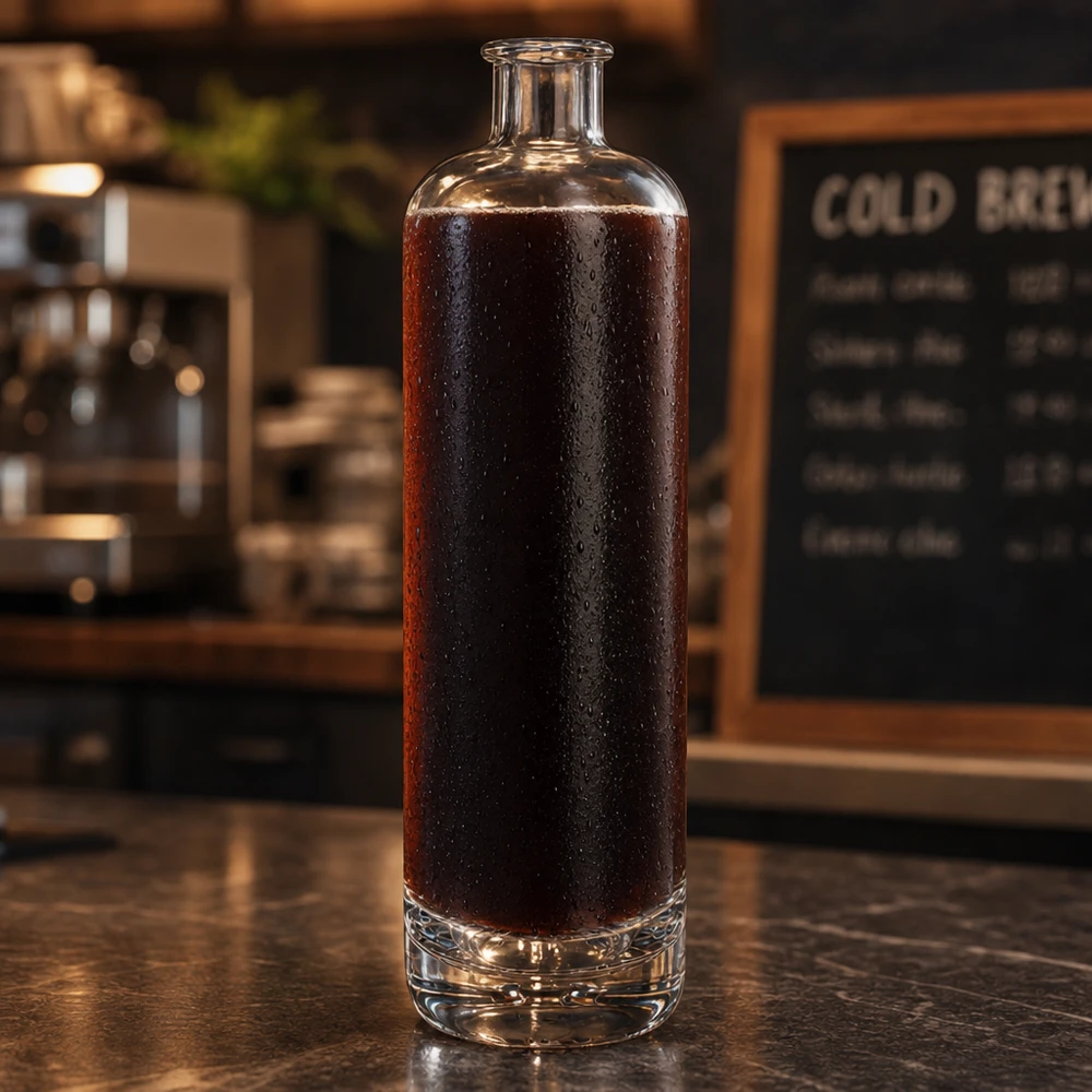 Bottiglia in vetro da 700 ml Ella senza tappo UNiTWIST® Bottiglia di vetro da 700 ml di Ella UNiTWIST riempita di caffè cold brew su un bancone scuro di un bar con un cartellone di menu sullo sfondo