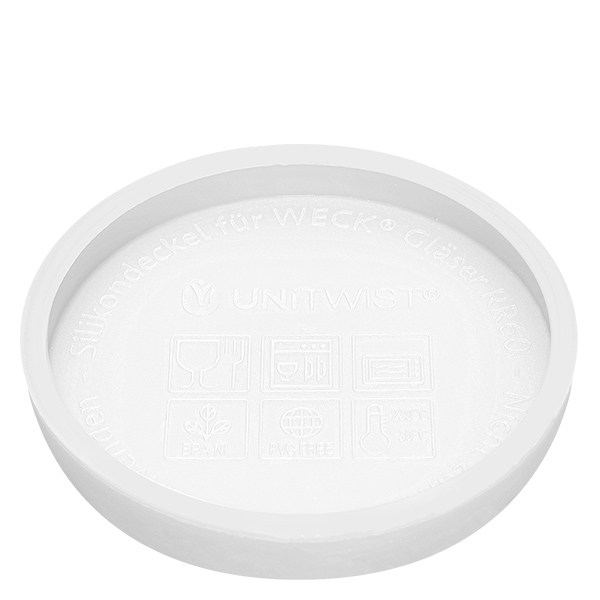 Coperchio in silicone bianco UNiTWIST per WECK RR80 Coperchio in silicone UNiTWIST bianco per vasetti WECK RR80 lato inferiore con rilievo del produttore e nome del prodotto