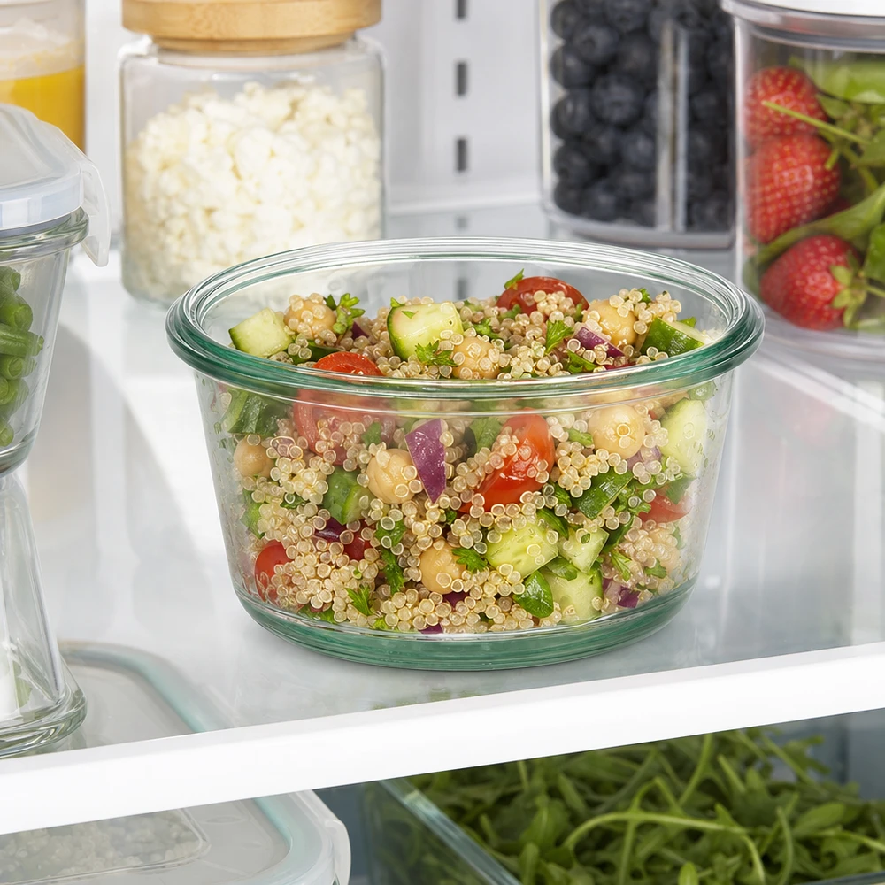 WECK RR100 Barattolo gourmet da 290 ml riempito di insalata di quinoa nel frigorifero per la conservazione degli alimenti in vista dei pasti