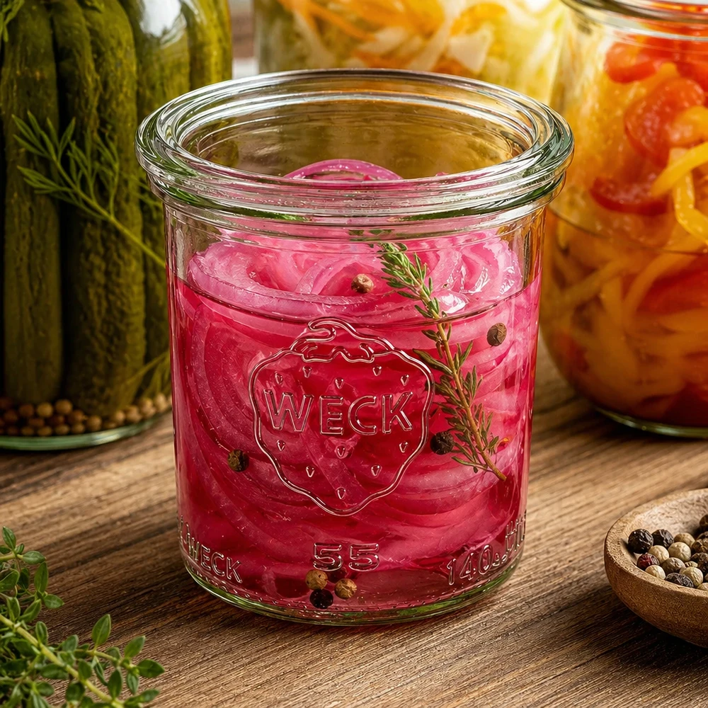 Barattolo da 140 ml con coperchio in vetro WECK RR60 WECK Sturzglas 140ml RR60 mit eingelegten roten Zwiebeln Kräutern Pfefferkörnern neben anderen Einmachgläsern
