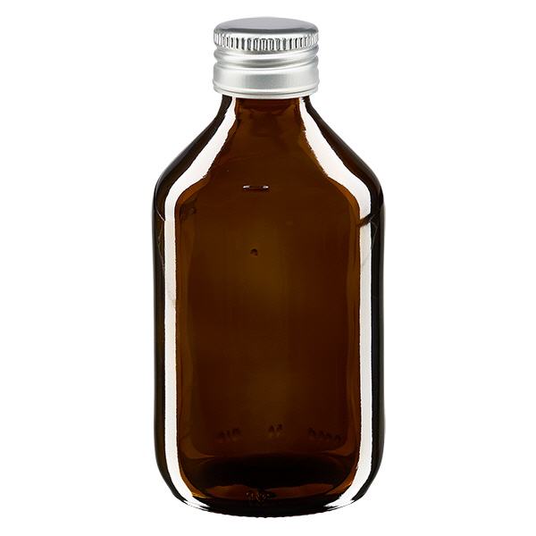 Flacone per medicinali da 250 ml marrone, con tappo in alluminio argentato Flacone per medicinali da 250 ml marrone, con tappo in alluminio argentato