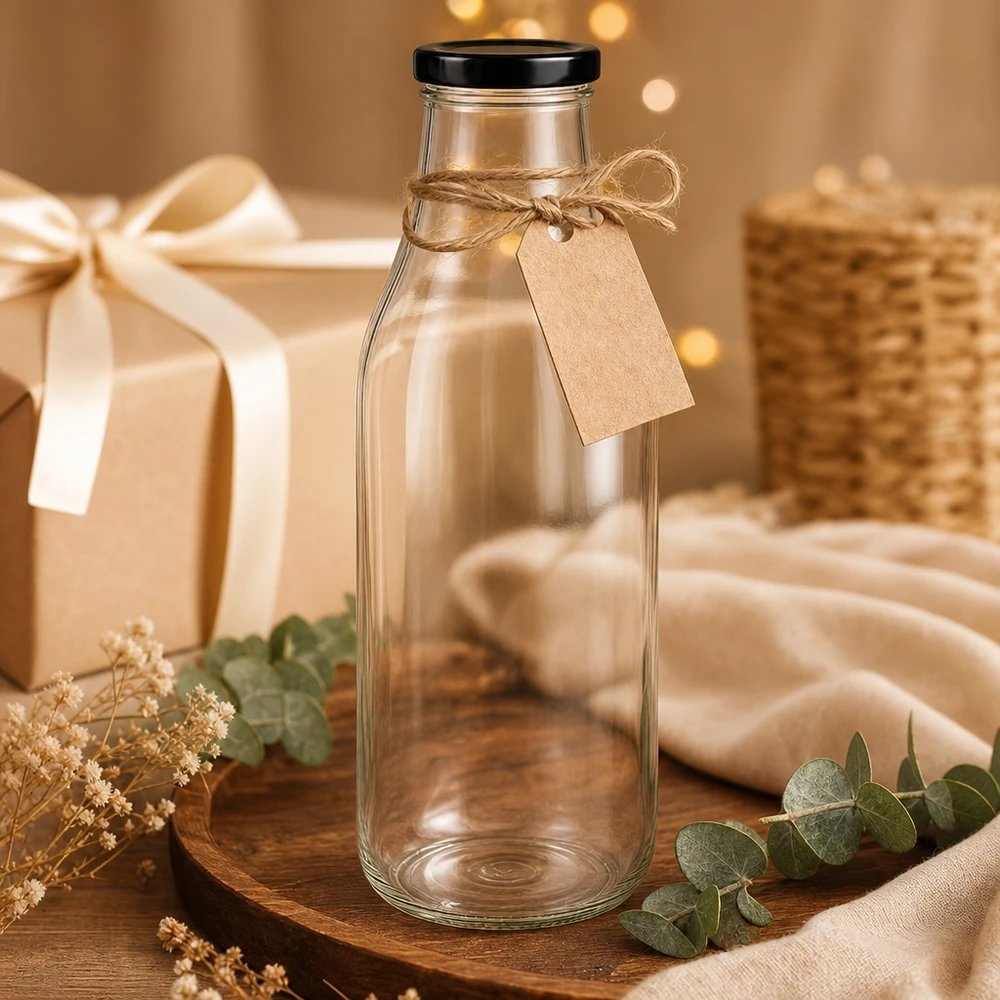 Bottiglia di vetro da 1000 ml + coperchio BasicSeal nero UN.. Bottiglia in vetro da 1000 ml con coperchio nero in regalo, decorata con nastro di rafia e cartellino in carta kraft