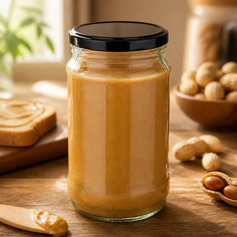 Burro di noci in un barattolo di vetro rotondo richiudibile da 370 ml UNiTWIST BasicSeal nero in un ambiente da cucina