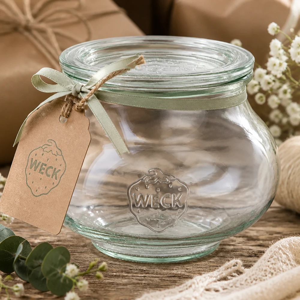 Vaso portagioie WECK da 560 ml con nastro di raso verde e ciondolo su tavolo di legno decorato con fiori e pizzo