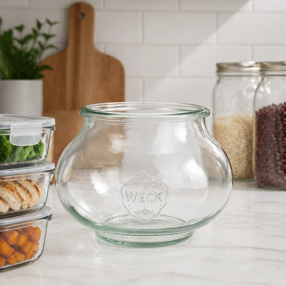 Vaso portagioie WECK 560ml RR80 in una cucina moderna tra vasi e barattoli di vetro su un piano di lavoro bianco