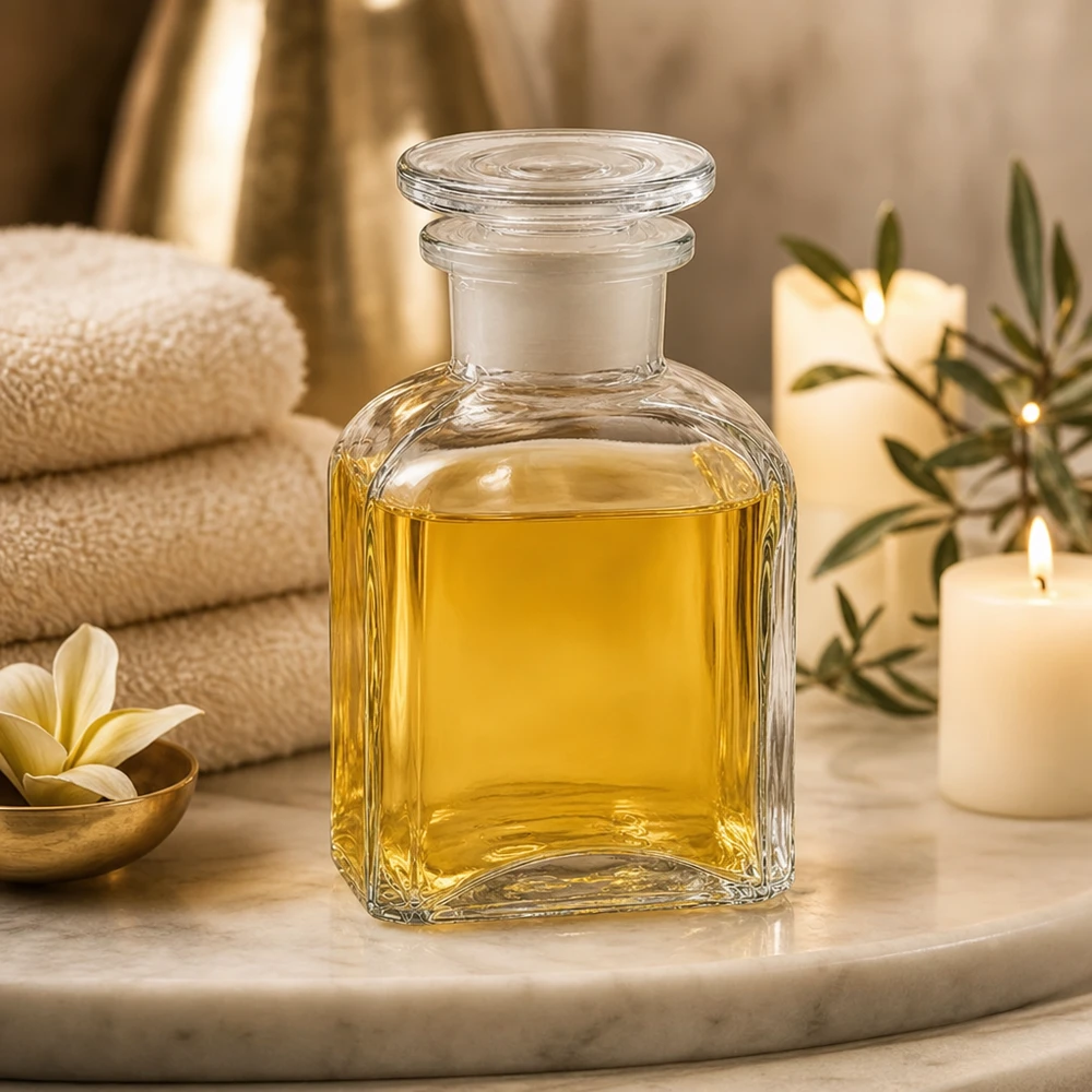 Bottiglia quadrata da 150 ml trasparente a collo largo con tappo in vetro Flacone quadrato trasparente da 150 ml con collo largo e tappo in vetro per oli da massaggio e aromaterapia