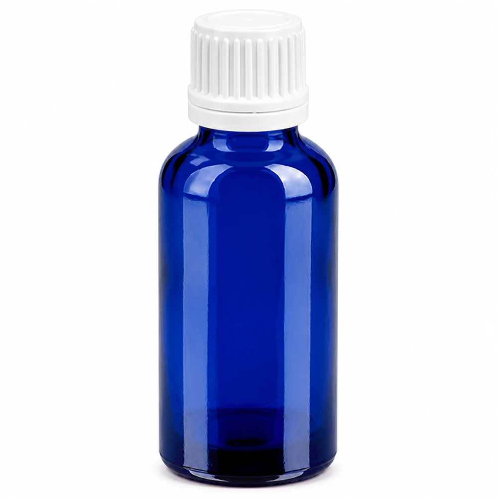 Bottiglia da 30ml 11mm SV bianco OV BlueLine UT18/30 Flacone in vetro blu intenso da 30 ml con protezione UV e tappo di sicurezza bianco