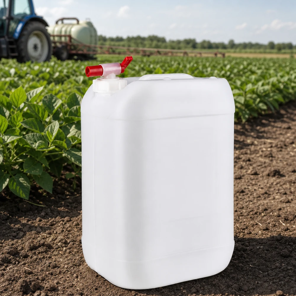 Tanica da 25 litri con rubinetto di scarico Contenitore agricolo da 25 litri con rubinetto di scarico su un campo coltivato, accanto a un trattore con irroratrice