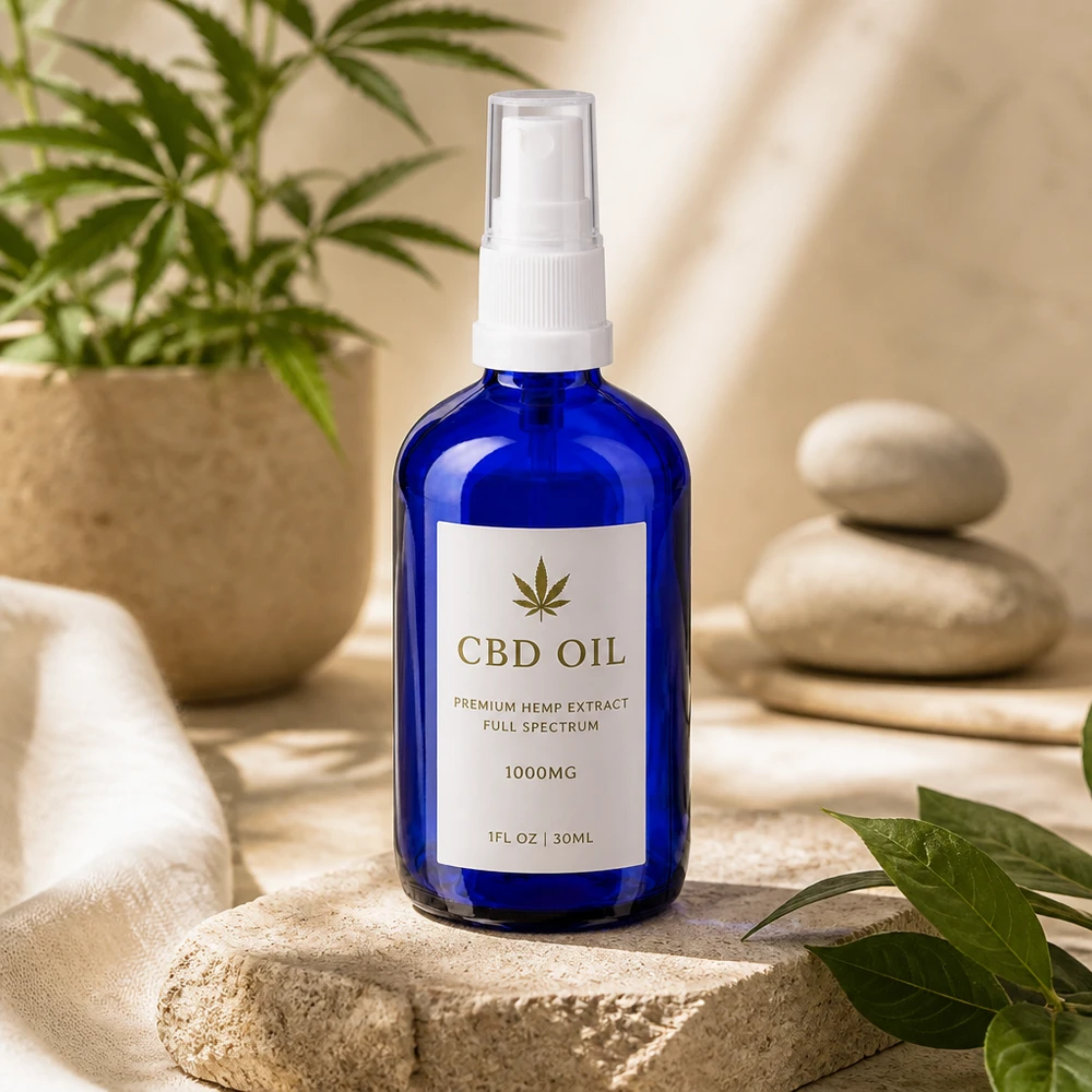 Flacone spray blu 100ml STD bianco/trasp. apoGlas Flacone spray blu da 100 ml in vetro da farmacia con erogatore bianco per olio di CBD e cosmetici naturali