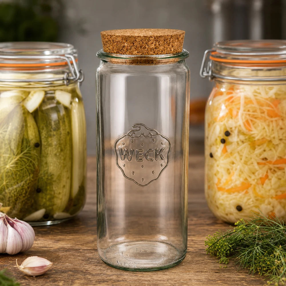 Vaso cilindrico WECK 1040ml RR80 con tappo in sughero tra i vasi per la conservazione di cetriolini e crauti in salamoia Fermentazione