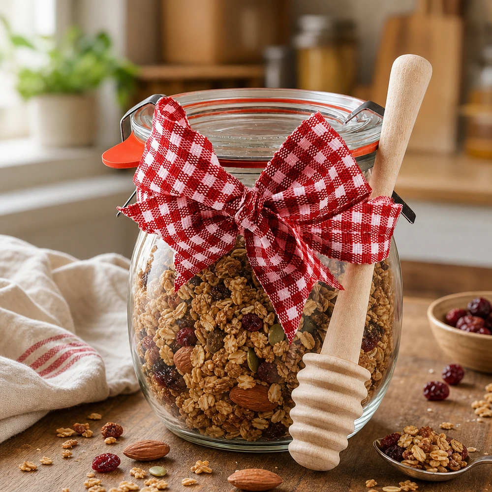 Vasetto WECK a tulipano da 220 ml con muesli e frutta secca, decorato con fiocco a scacchi bianchi e rossi e cucchiaio da miele