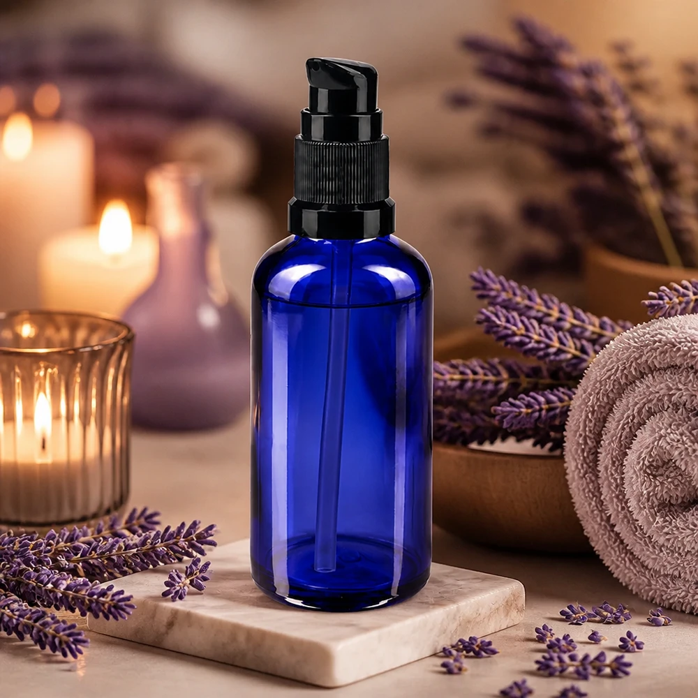 Flacone blu da 50 ml con dosatore, in vetro da farmacia, con dosatore nero su base in marmo