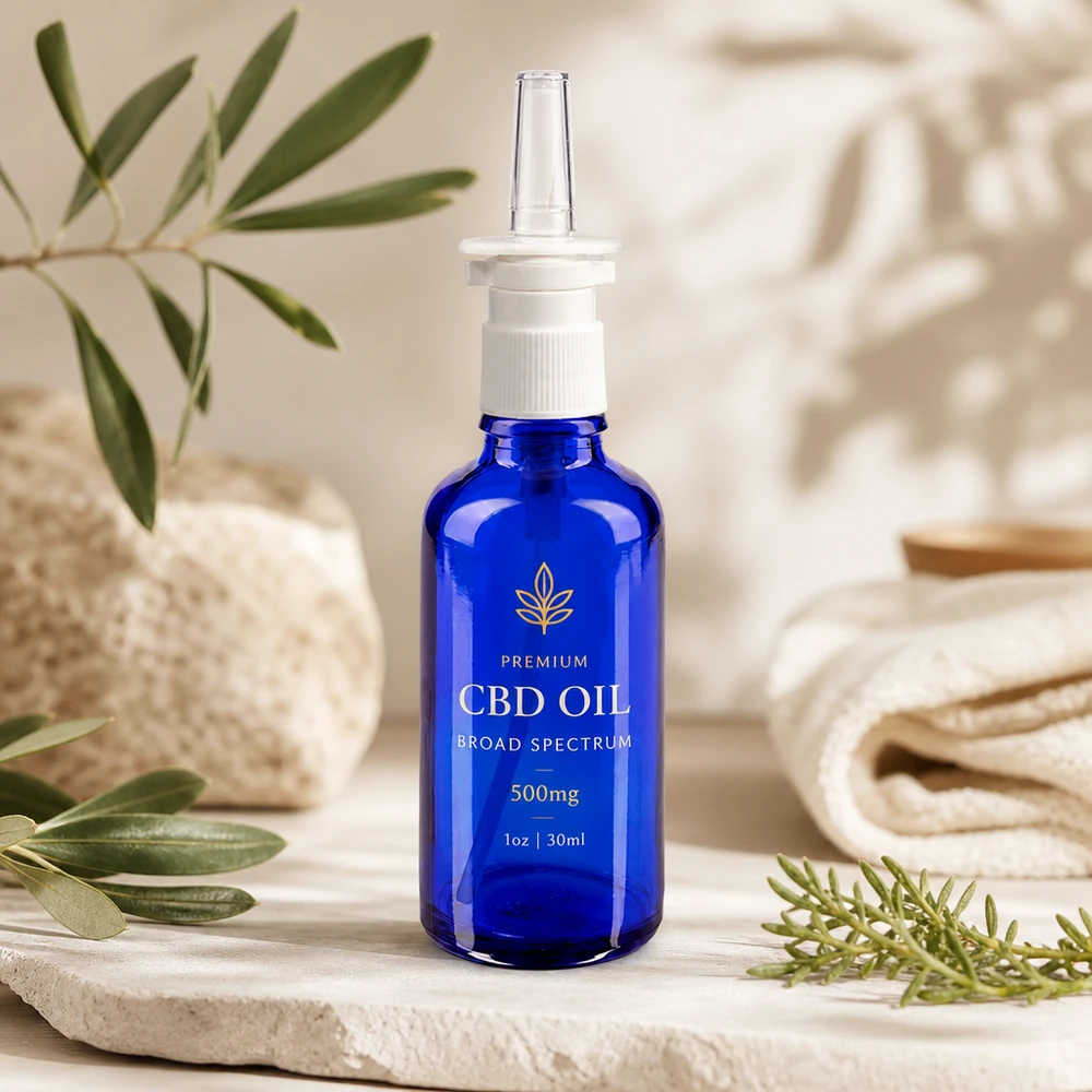 Flacone spray nasale 50ml blu bianco/rosso STD ApoGlas Flacone in vetro blu cobalto da 50 ml con erogatore a pompa bianco e beccuccio trasparente, qualità farmaceutica