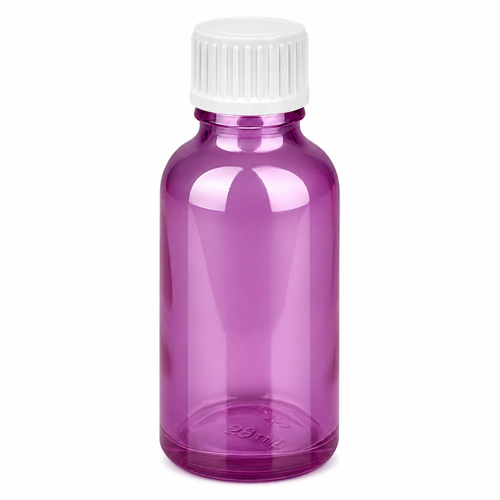 Flacone da 30 ml (globulo). Anello di versamento da 3 mm bianco Standard PurpleLine. UT18/30 Flacone compatto da 30 ml in vetro viola con tappo bianco, ideale per i viaggi e per l'uso in mobilità.