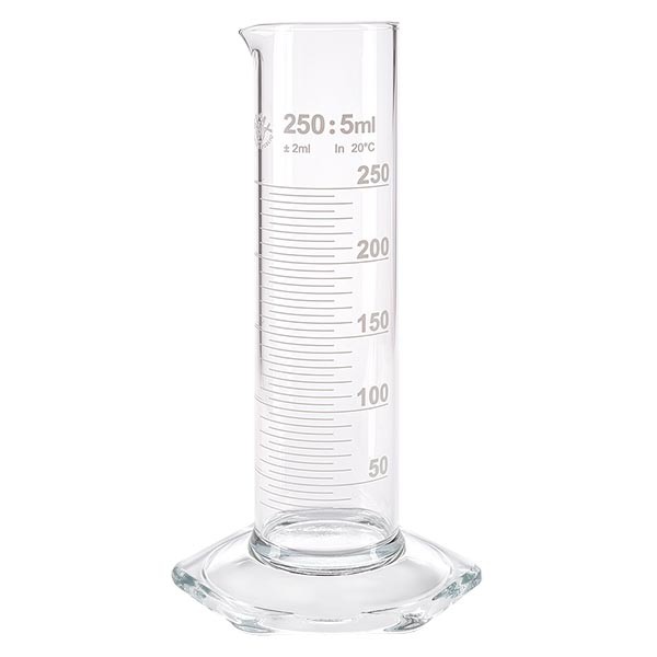 Cilindro graduato NF da 250 ml in vetro, scala bianca Cilindro graduato NF da 250 ml in vetro, scala bianca